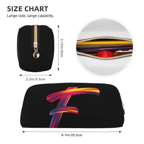 Image of Cute Initial Pencil Case for Kids Simple Leather Pencil Pouch for Boys Girls Letter Design Pencil Box Pen Bag Pencil Pouch Office Stationery Organizer, Rainbow Letter F