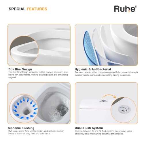 Image of Ruhe Aric One-Piece Western Toilet for Bathroom | S-Trap | White Glossy Ceramic | 27.1 x 14.3 x 29.1 inches | Soft-Close Seat Cover | Rubber Gasket Set | Dual Flushing | Siphonic Flush | Floor Mount