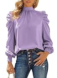 Dokotoo Womens Ladies Tops Puff Long Sleeve High Neck Tunic Top Chiffon Pullover Shirts and Blouses for Women 2024 Fashion Fall Outfits Casual Loose Shirts Purple X-Large