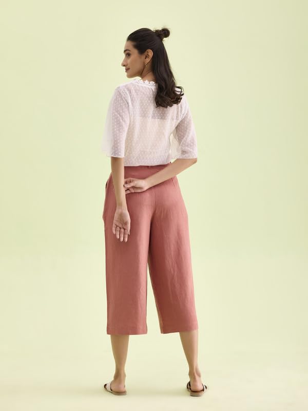 Image of GO COLORS Solid Linen Culottes for Women | High Rise, Side Pockets, Front tie-up