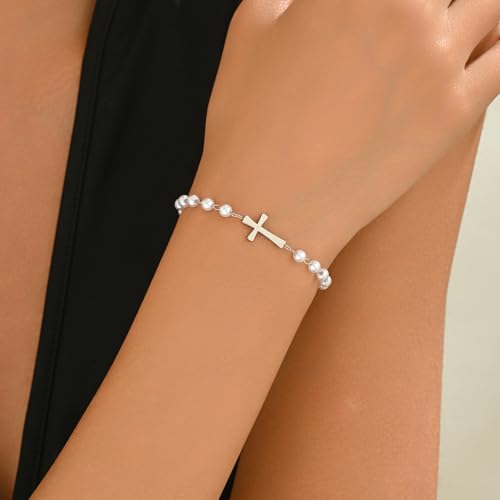 Gold Bracelets for Women 18K Gold Plated Sideways Cross Bracelet Dainty Gold and Pearl Beaded Bracelets Non Tarnish Religious Gold Jewelry Gifts3