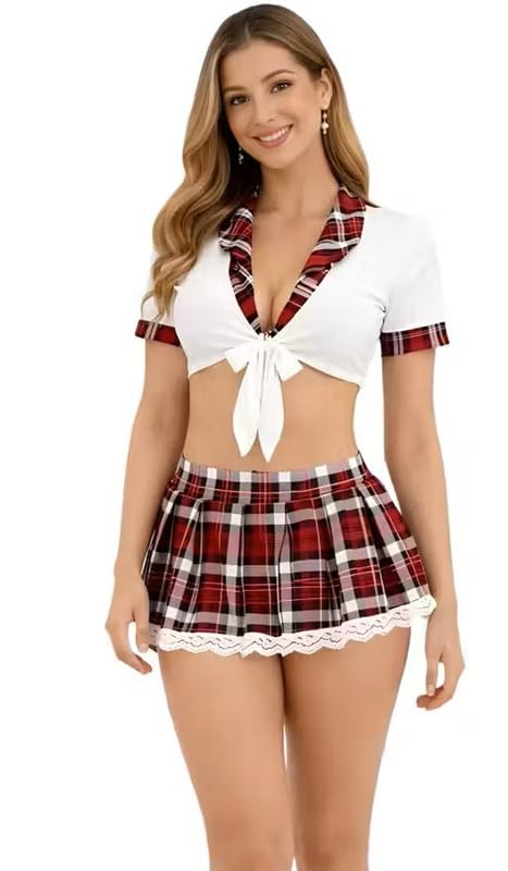 Womens Casual Plaid Skirt Set Short Sleeve Crop Top and Mini Skirt Two Piece Co Ord Outfit Checkered Matching Set Stylish Casual Wear for Women-White-image-16