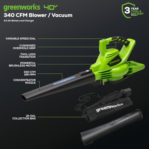 Image of Greenworks 40V (185 MPH / 340 CFM) Cordless Brushless Leaf Blower /Vacuum with Bag, Battery-Powered, Ergonomic Design for Efficient Leaf & Grass Clipping Cleanup, Includes 4.0Ah Battery & Charger