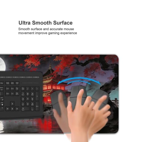 Image of Black Red Teal Japanese Mouse Pad 35.4x15.7 XXL Anime Mountain Lake Pavilion Tree Extended Large Mousepad Keyboard Mouse Mat Desk Pad with Non-Slip Rubber Base Stitched Edges for Home Office Game