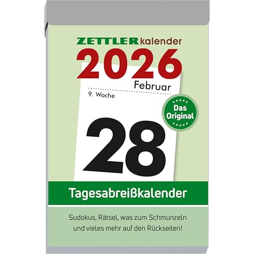 Tagesabreißkalender L 2025-6,6x9,9 cm - 1 Tag auf 1 Seite - mit Sudokus, Rezepten, Rätseln uvm. auf den Rückseiten - Bürokalender 304-0000