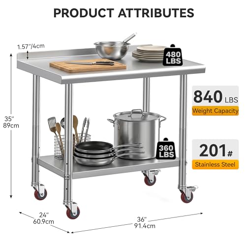 Image of DWVO 36x24in Stainless Steel Table Backsplash & Wheels | NSF Metal Prep Worktable for Kitchen Restaurant Hotel Garage Warehouse Home Commercial