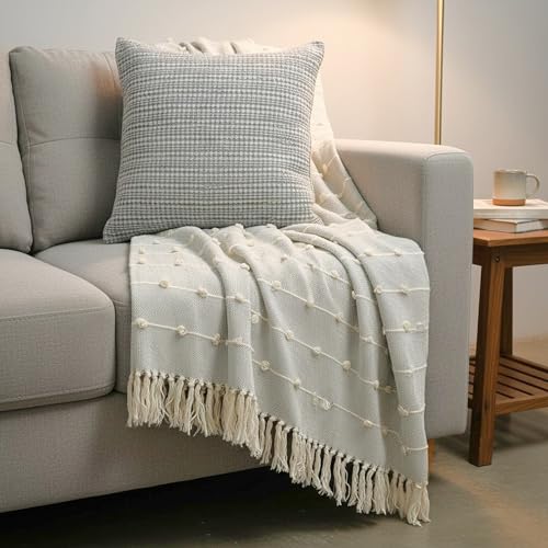 Image of SAJAVAT HOME Soft Cotton 3 Seater Sofa Throw with Cushion Cover | 80x52 Inches (204x132 Cm) | Hand-Knitted Grey Throw & Grey Cushion18x18 for Sofa, Bed, Chair & Travel | Pack of 1
