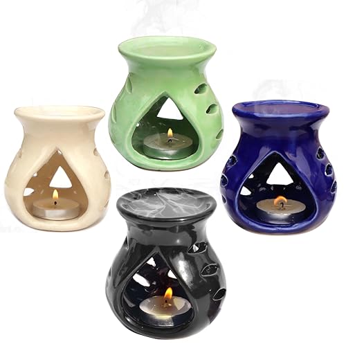 Image of Pure Source India Ceramic Aroma Oil Burner Pack of 4 (Green, White, Navy Blue, Black)