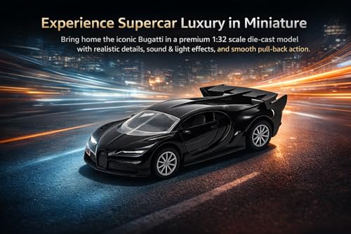 Image of Bugatti Die Cast 1:32 Scale Metal Pull Back Car with Openable Doors | Premium Alloy Toy Vehicle for Kids Boys Girls | Realistic Mini Racing Model Car | Durable Collectible Gift (Blue)