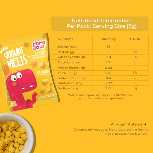 Image of Rorosaur Baby Snacks - Melts with Yogurt and Fruit & Veggie for 7+ Months | 4 packs of Mango Melts | Finger Food for Toddlers | No Sugars, No Preservatives, No Binders | 5g each