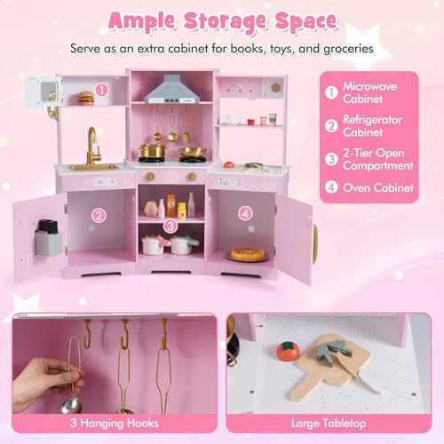 HONEY JOY Corner Kids Kitchen Playset, Wooden Toy Kitchen Set w/Lights & Sounds, Range Hood, Ice Maker & Coffee Maker, Microwave, Sink, Faucet, Little Chef Pretend Play Kitchen for Toddlers, Pink - Image 7