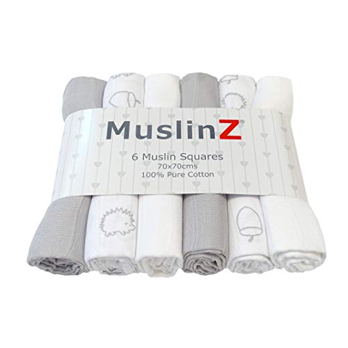 MuslinZ Lot de 6 langes carrés pour bébé 100 % coton Gris 70 x 70 cm Cover