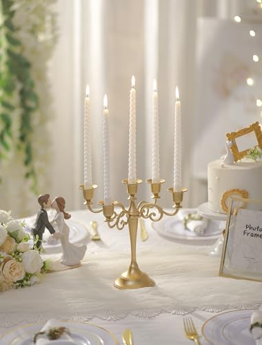 Sziqiqi Gold Candelabra Table Centerpiece: 10 Inches Candelabra Candle Holder for Taper Candlesticks - 5 Arms Metal Candlestick Holders for Wedding Christmas Dining Table