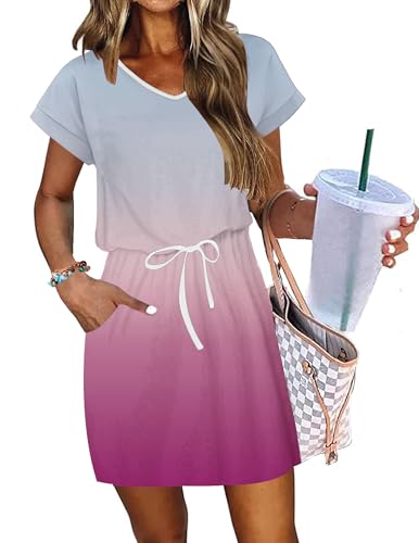 Image of AUSELILY Womens Summer Mini Dress, Short Sleeve V Neck Drawstring Casual | Soft smooth drape with an adjustable drawstring waist for beach, casual outings and daily wear