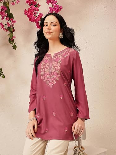 Image of QAZMI Women's Bahar Kashmiri Zari Resham Work Viscose Rayon Full Sleeves A-Line Short Kurti