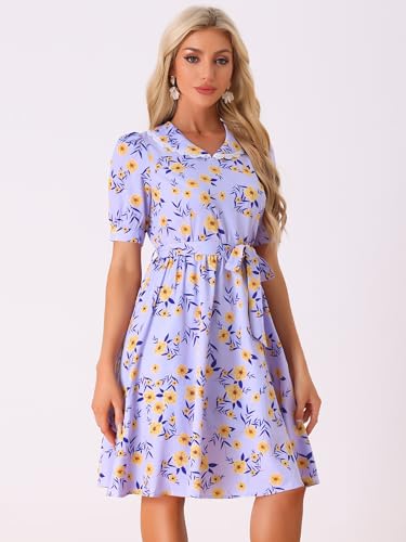 Image of Allegra K Women's Vintage Peter Pan Collar High Waist Flowy Midi Puff Sleeve Floral Dress