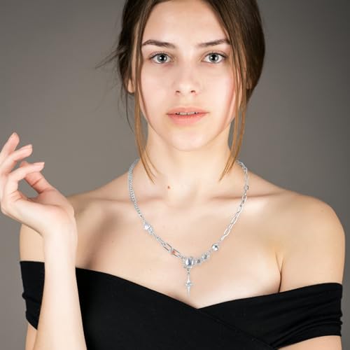 Silver Y2k Star Pendant Necklace Rhinestone Moonstone Irregular Necklace Adjustable Grunge Jewelry Gifts Accessories for Women Aesthetic Star Necklace4