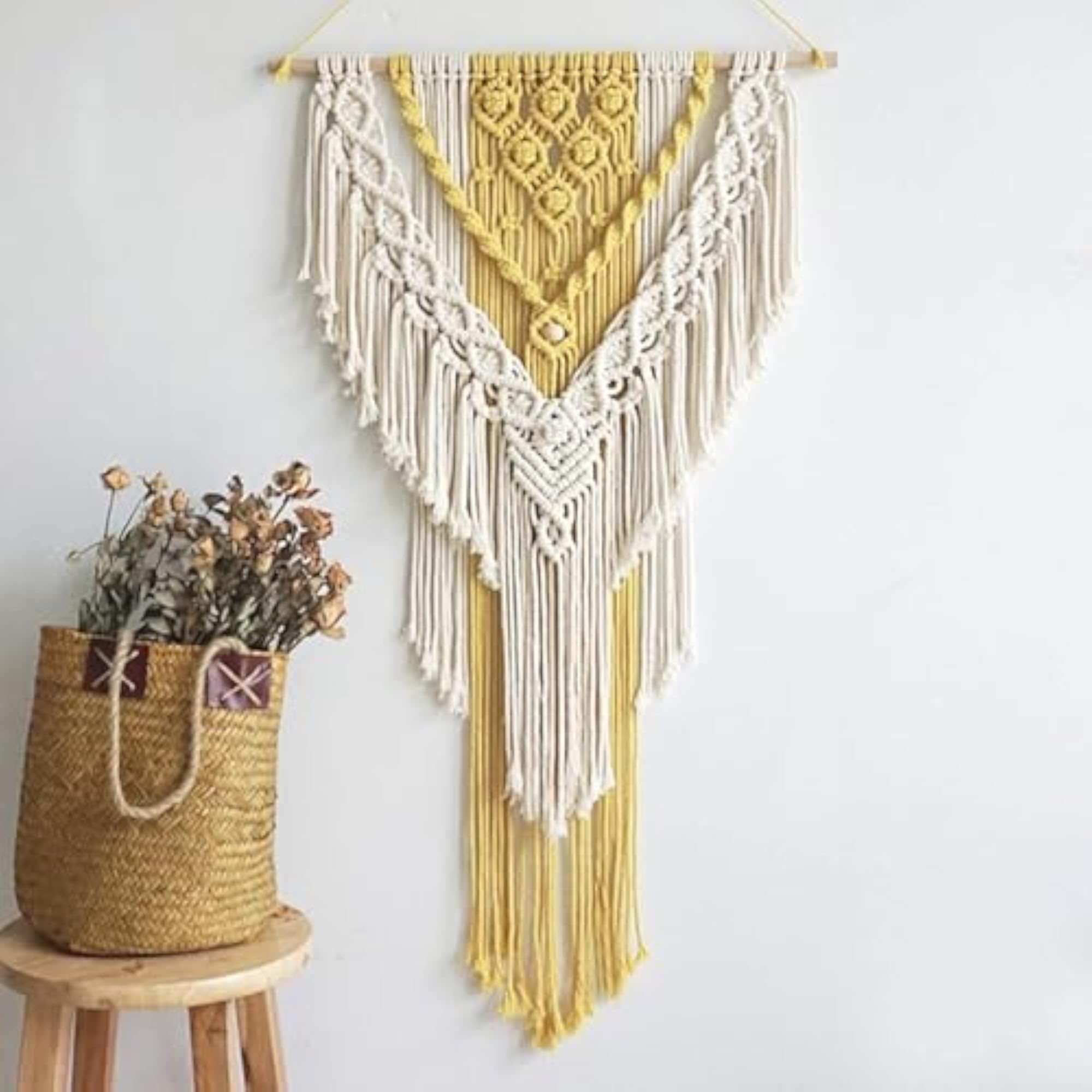 Off White & Yellow Cotton Macrame Dream Catcher Wall Hanging