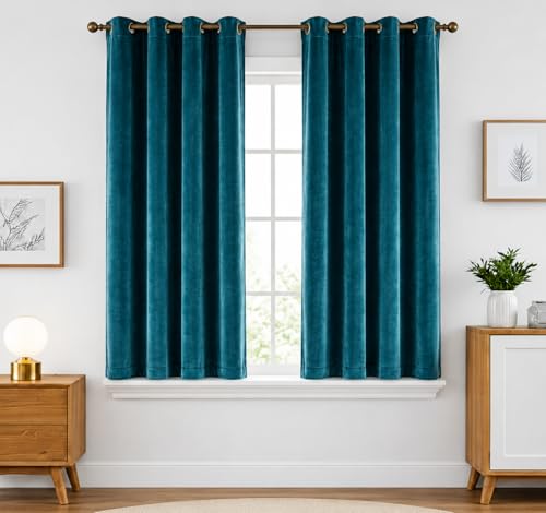 Image of Amazon Brand - Solimo Velvet Curtain Set of 2 (52x108 Inch) Plain Door & Window Curtains for Living Room & Bedroom |75% Light Blocking, Eyelet Curtains for Home Decor in Teal Color (4 feet x 9 feet)