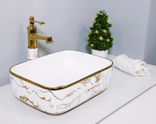 Image of LUXART Rectangular Ceramic Vessel Sink, White with Gold Marble Pattern Design, 16 x 12 x 6 Inch Luxury Tabletop Wash Basin for Bathroom Vanity, Hotel & Guest Rooms