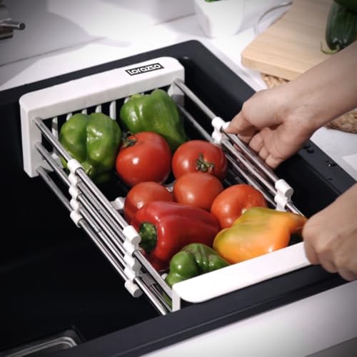 Image of Lorazzo Kitchen Sink Basket - Over The Sink Expandable Colander for Vegetable & Fruit Washing | Drain Basket & Sink Strainer | Adjustable Kitchen Sink Accessories | 1-Year Warranty (Silver & White)