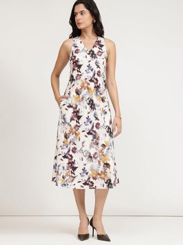 Image of FableStreet Women Party Dress | Elegant A-Line Fit Midi Length V-Neck Sleeveless | Lustrous Satin Fabric for Evening Gatherings & Celebrations