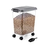 Relaxdays Futterbeh&auml;lter mit Rollen & Schaufel, 20 l, HBT: 43,5 x 37 x 24,5 cm, Trockenfutterbox mit Deckel, PP, klar