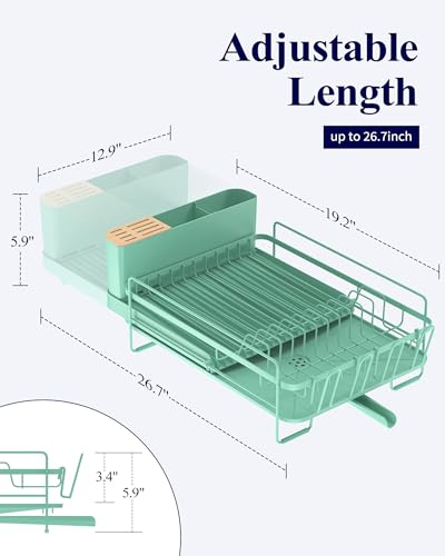 Image of Kitsure Extendable Dish Drying Rack, 19.2 inch-26.7 inch L x 12.9 inch W, Green | Large Dish Rack, Multifunctional Dish Rack for Kitchen Counter, Anti-Rust Dish Drainers with Cutlery & Cup Holders
