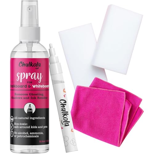 Chalkola Natural Chalkboard Cleaner Spray & Eraser Kit for Liquid Chalk Markers - Suitable for Whiteboard Blackboard and Dry Erase Boards - Comes with White Chalk Pen