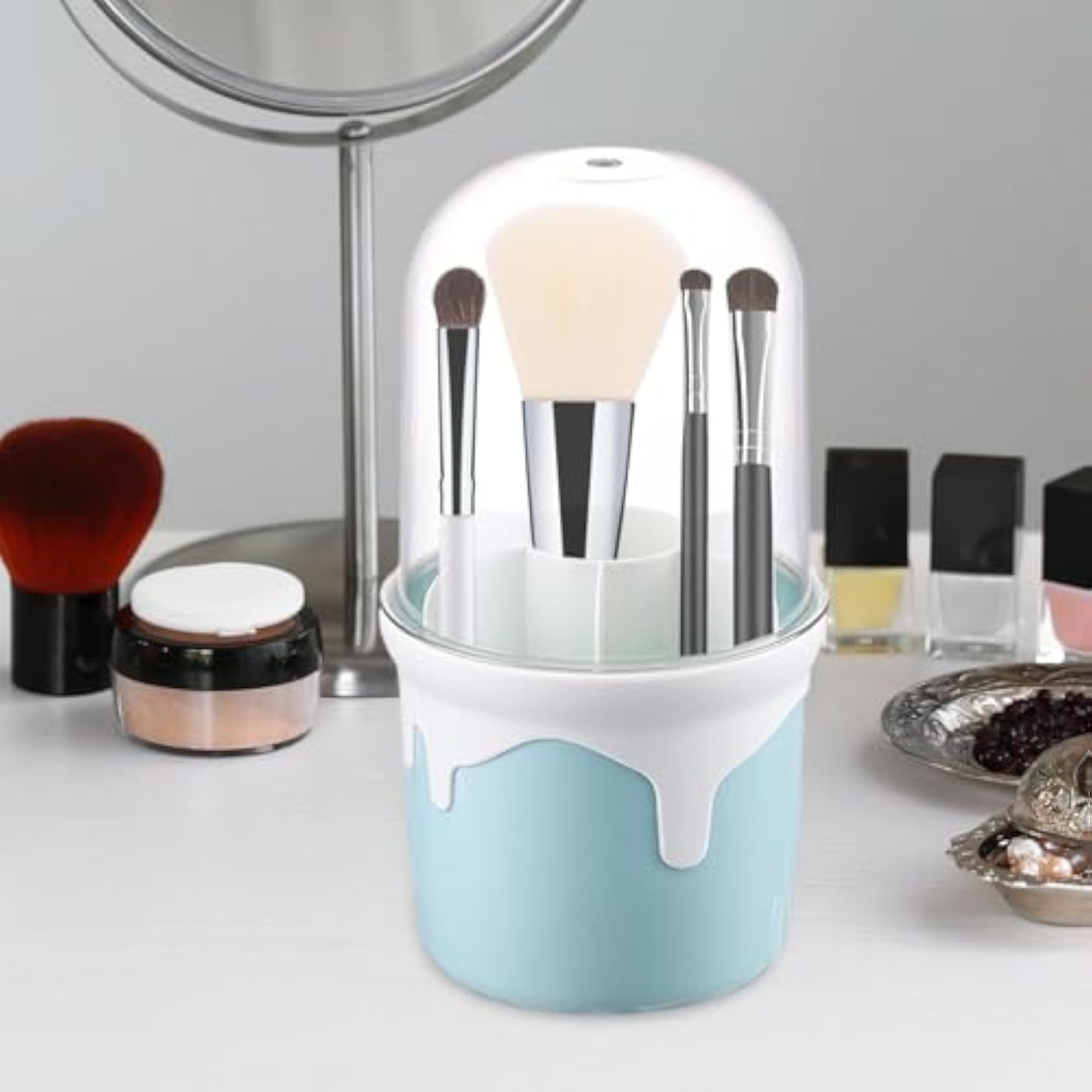 Makeup Brush Holder Cosmetic Organizer Dustproof Storage Box, Blue