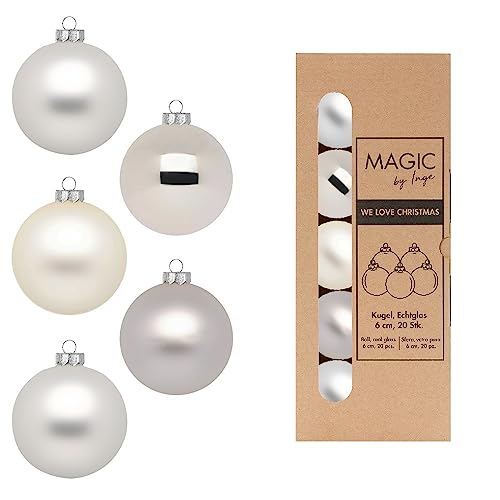 Weihnachtskugeln Glas 6cm x 20 Stück in Kartonbox Christbaumkugeln Set Creme Silber Cloud Dancer