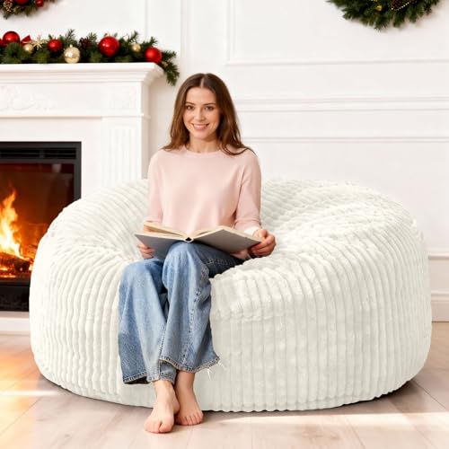 Image of HABUTWAY 5FT Bean Bag Chair, 5' Large Bean Bag Chairs for Adults with Removable Stripe Plush Cover, Memory Foam Beanbag Chair for Living Room Bedroom Dorm (White)