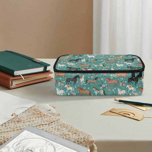 Image of Horse Floral Women Pencil Pouch Large Capacity,Girls Penci Bag for Children Lightweight Penci Pouch for Age 3-16 Kids Pencil Box with Mesh Pocket Box Pencil for Boys Teenagers