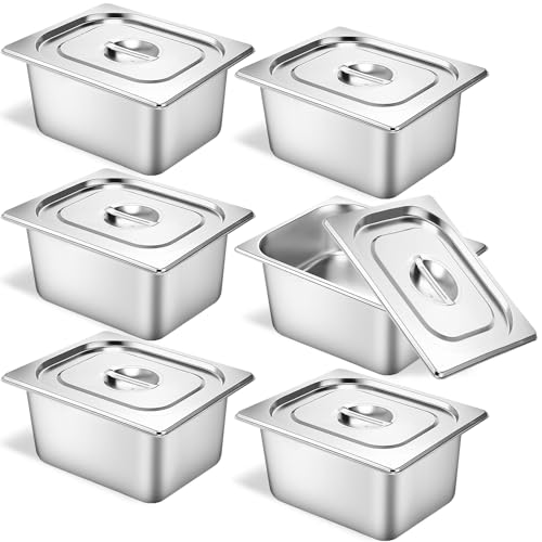 Image of 6 Set Stainless Steel Hotel Pans 1 /2 Size 6 Inch Deep With Lids, Anti-Jam Chafing Steam Table Pans, Catering Food Storage Metal Pan