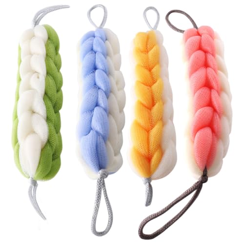 Hohopeti 4 Tiras Exfoliantes para Baño Depurador Corporal Largo de Algodón Trenzado Colores Surtidos Rosa Verde Azul Amarillo Lavadora Trasera para Ducha y Cuidado Piel