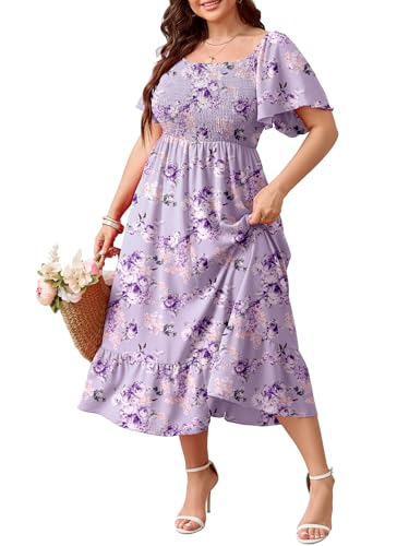 Image of SCOMCHIC Women's Plus Size Summer Dress Casual Short Sleeve Scoop Neck Maxi Dress Smocked Ruffle Boho Flowy Long Dresses