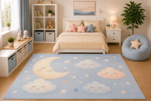 ICE ARMOR 5' x 7' Kids Area Rug Cute Sleeping Clouds and Moon Nursery Rug Pastel Blue Celestial Stars Cartoon Bedroom Playroom Decor for Boys Girls Non-Slip Silicone Backing Low Pile