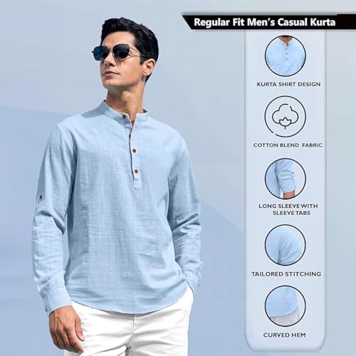 Image of Beige Color Cotton Blend Mandarin Neck Short Kurta Straight Kurta for Men (S)