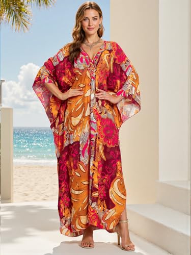 Image of IMAGEKOPE Women's Plus Size Animal Print V-Neck Batwing Kaftan Beach Dress Bathing Suit Cover-Up Loungewear