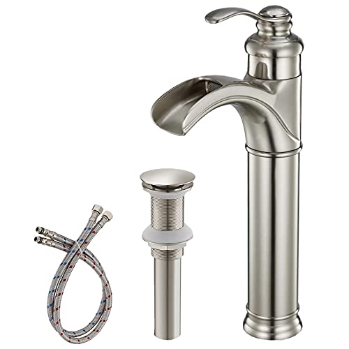 Best Quality 🔥 BWE Vessel Sink Faucet with Pop Up Drain Without Overflow and Supply Line Brushed Nickel Single Hole Waterfall Bathroom Faucet Single Handle Bath Sink Vanity Basin Faucet for Vessel Sink
