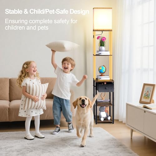 Image of Lightdot Floor Lamp with Shelves&Drawer, Black and Gold Sofa Lamp with Fabric Shade, Display Corner Floor Lamp with Storage Table for Living Room /Bedroom /Sofa Beside /Corner Decor(Bulb Include)
