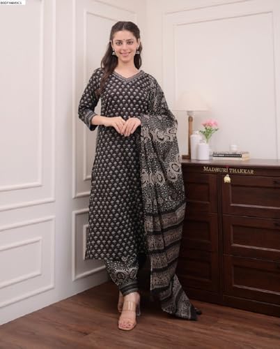 Fabnex Cotton Blend Regular Women Kurta Set (K-93-Black-S_Black