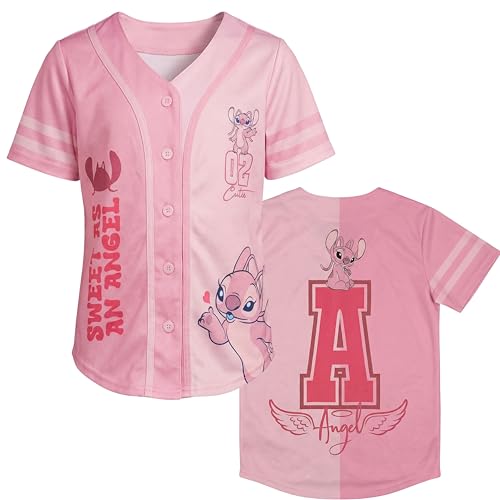 Image of Disney Lilo & Stitch Girls Baseball Jersey Shirt Button Down Kids Tee Stitch Angel Sizes 4-16