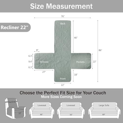 Image of Quilted Recliner Covers, Water-Repellent Recliner Slipcovers, Recliner Covers Stay in Place, Pet Friendly Recliner Cover for Dogs, Washable Chair Protector (Recliner 22 inch, Sage Blue)