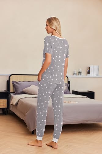 Image of Ekouaer Pajamas for Women Set 2 Piece Fall Lounge Sets Short Sleeve Pjs Joggers Long Pants Sleepwear with Pockets