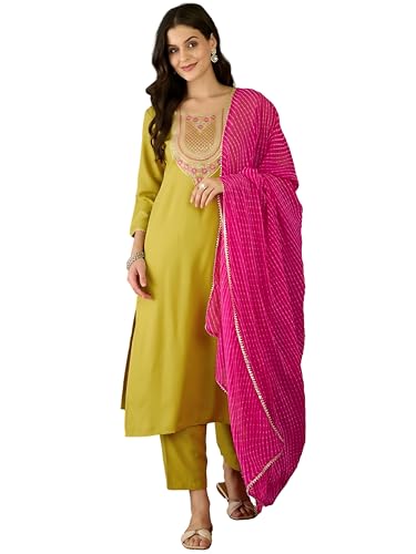 Image of Naixa Women's Rayon Embroidered Straight Kurta Set with Rayon Pant & Georgette Printed Dupatta | Festive, Party & Casual Ethnic Suit for Women(NX2-782)