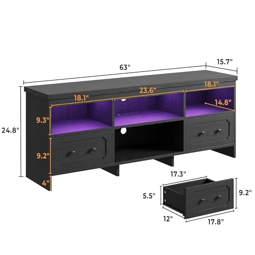 IRONCK TV Stand for 65 Inch TV, 63" LED Entertainment Center with Storage Cabinets, Power Outlets and Open Shelf, Media Console TV Cabinet with Drawers for Living Room, Black