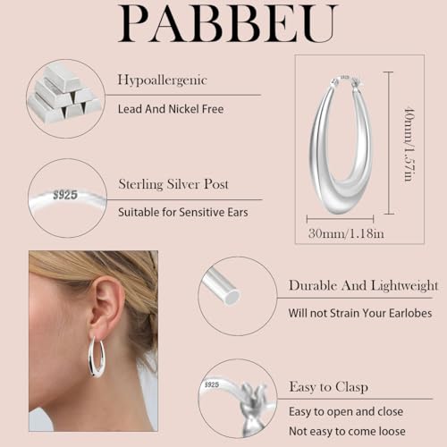 PABBEU Chunky Silver Hoops Earrings for Women, Hypoallergenic Lightweight 925 Sterling Silver Oval Hoop Earring, Sterling Silver Thick Hoop Earrings for Women 25/28/30/38/40mm2