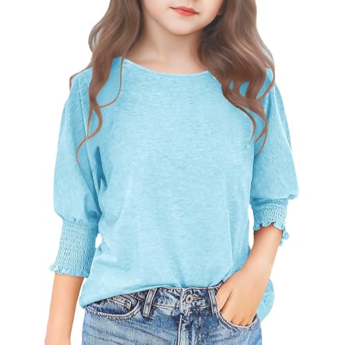 Girls 3/4 Sleeve T Shirts Cute Crewneck Basic Tees Ruffle Casual Blouse Solid Color Tops Cotton Trendy Fall Clothes
