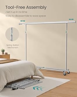 SONGMICS Clothes Rack on Wheels, Heavy Duty Clothes Rail, 45 x (160-200) x 161.5 cm, with Extendable Hanging Rail, 150 kg Load Capacity, Easy Assembly, Portable, Silver HSR175E01